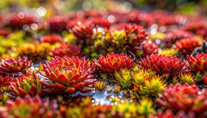 Fototapeta premium Close macro of sphagnum moss quilt in a peat bog with interlocking red green rosettes under a thin water film in soft overcast light and clean negative space for nature and ecology visuals
