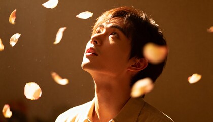 Young man looking up at falling petals with warm light, evoking a sense of wonder and beauty