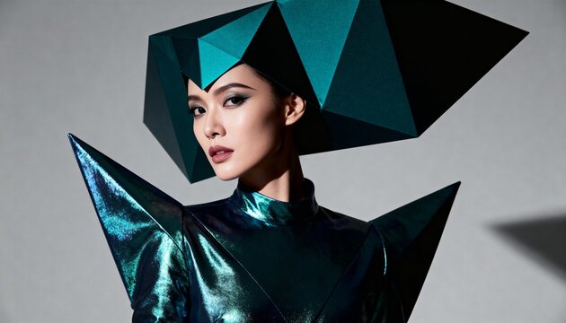 Avant garde fashion model wearing a futuristic teal geometric headpiece and outfit, studio portrait