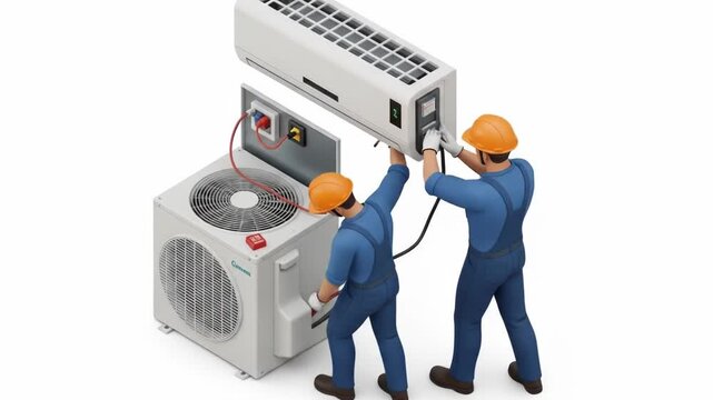Two technicians installing a split AC unit