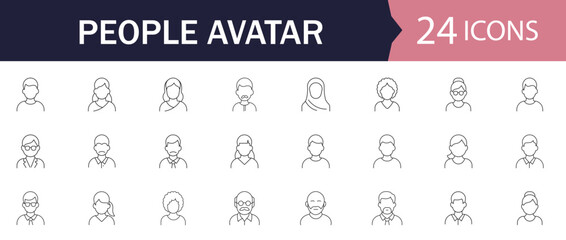 People Avatar Line Editable Icons set. A sleek vector illustration in modern thin line style showcasing diverse portraits by age, gender, and nationality. A solid linear icon set.