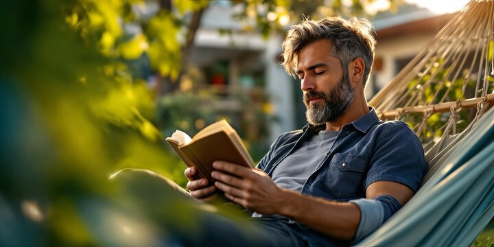 A grayhaired man with a beard reads a book while relaxing in a hammock in a garden setting