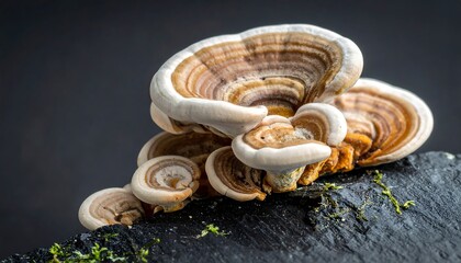 Close-up of colorful layered fungi growing on a dark, mossy surface