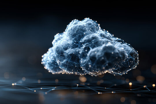Cloud computing concept with abstract multi cloud orchestration, digital network connections, and futuristic technology, representing data storage and application integration