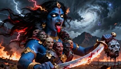 Fierce hindu goddess kali with blue skin, holding a severed head and sword amidst a stormy, fiery landscape