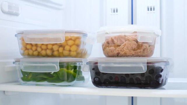 Berries, vegetables, and tuna in glass containers in the refrigerator, food storage concept.