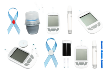 Diabetes testing devices and awareness ribbons shown, isolated, PNG