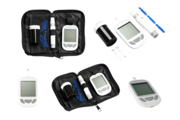 Diabetes kit with glucose meter and accessories, isolated, PNG