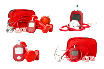 Diabetes tools and healthy food collection, isolated, PNG
