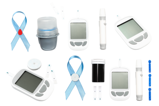 Diabetes testing devices and awareness ribbons shown, isolated, PNG