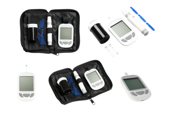 Diabetes kit with glucose meter and accessories, isolated, PNG - Powered by Adobe