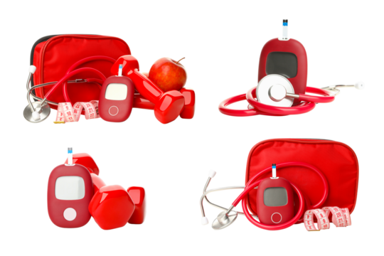 Diabetes tools and healthy food collection, isolated, PNG