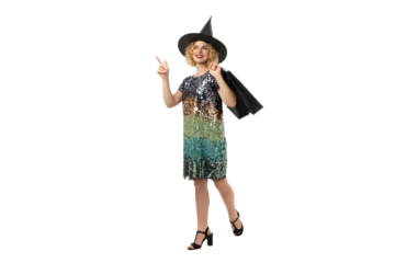 Woman in sequin dress prepares for Halloween, isolated on white, PNG