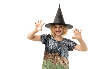 A witch costume sparks playful joy, isolated on white, PNG