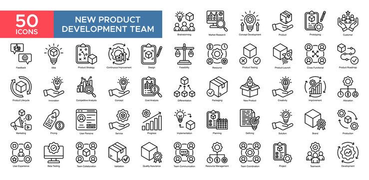 New Product Development Team collection set. Brainstroming,Market Research,Product,Prototyping,Costomer,Resource,Production, icon. Simple outline vector illustration