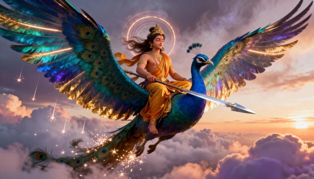 Lord kartikeya riding his peacock vahana through the clouds at sunrise, a divine hindu deity