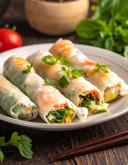 Close-up of fresh, colorful spring rolls on a white plate with garnishes