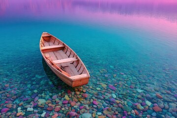 Fototapeta premium A tranquil wooden rowboat rests on the placid surface of a vibrant turquoise lake, bathed in the soft hues of a serene sunrise or sunset.