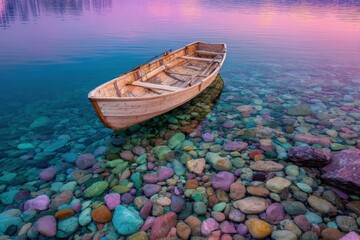 Fototapeta premium A serene wooden rowboat rests peacefully on a lake, its reflection visible in the crystal-clear water, surrounded by vibrant, colorful pebbles.
