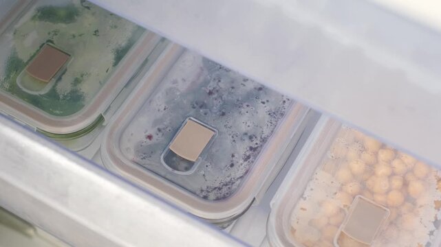A hand opens a drawer in freezer with glass containers of frozen vegetables, top view.