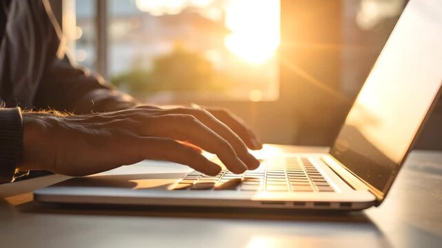 Hands typing on laptop in sunlight