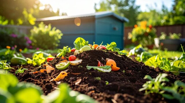 Organic compost pile with food waste in a sunny backyard garden, natural recycling and soil enrichment for growing plants.