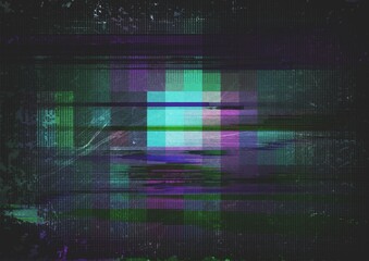 Old analog tv VCR glitch screen with noise grain distorded pixellate lines, television screen test broadcast problem bad signal showing heavy noise vhs glitch distorted flickering 