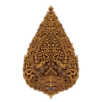 Detailed Balinese Gunungan Kayon Motif with Tree of Life, Buffalo, and Barong Mask Vector.