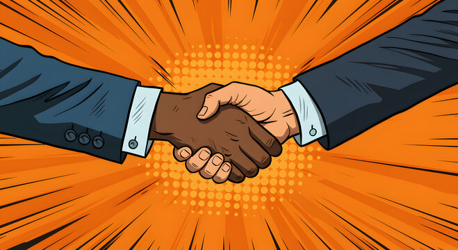 Comic style illustration design of two diverse hands shaking in agreement, symbolizing partnership