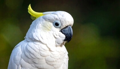 Close-up view of a white bird with yellow crest and black beak