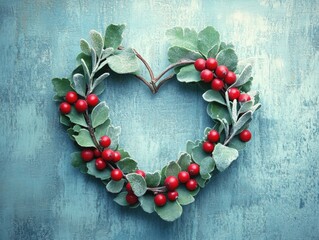 Christmas wreath with mistletoe, berries, and heart shape on textured wooden door, Decorative shaped frosted mistletoe
