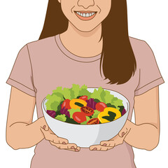 Vegan woman smile holding a bowl of vegetables good nutrition, Illustration cartoon on white background
