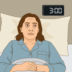 Women lying open eyes because of insomnia in the bedroom, Illustration cartoon