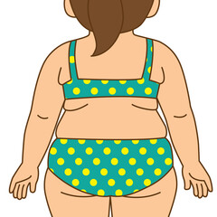 Back of overweight woman in green dot bikini big belly leg and fat chubby, Illustration cartoon drawing on white background