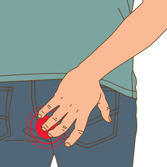 Man was hemorrhoids painful inflammation anus, illustration cartoon on white background