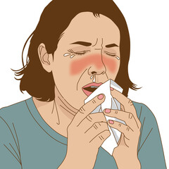 Woman was sneeze runny nose tear rhinitis allergies, illustration cartoon on white background