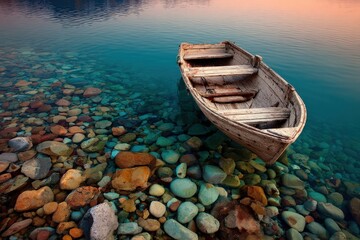 Fototapeta premium Tranquil scene of a weathered rowboat resting on a bed of colorful stones beneath crystal-clear water.