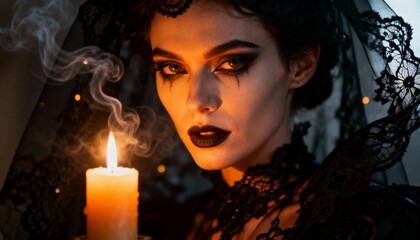 Gothic woman with dark makeup and lace veil holding a lit candle, mysterious atmosphere