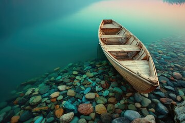 Obraz premium A serene, underwater scene reveals a weathered wooden boat resting on a bed of colorful river stones.
