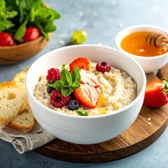 Close-up of oatmeal topped with berries and mint, served with honey