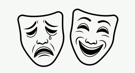 Theatrical Masks Representing Duality of Emotions Depicted in Simple Black and White Line Art for Dramatic Arts and Psychological Concepts
