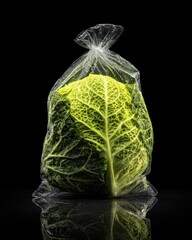 Fresh Cabbage in Plastic Bag on Black Background