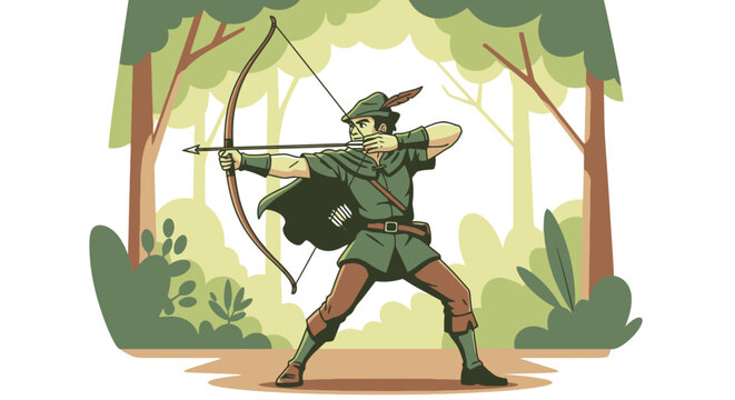 Robin Hood Illustration Aiming with Bow and Arrow in Sherwood Forest, Depicting Classic Adventure and Medieval Folklore for Children's Books or Educational Material