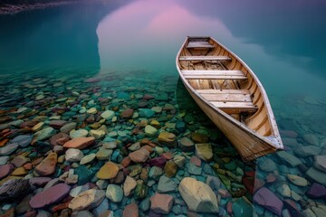 Obraz premium A serene wooden rowboat rests peacefully on a crystal-clear lake, surrounded by vibrant, colorful stones.