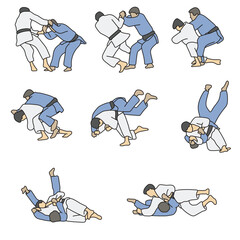 judo fighter throwing the opponent during fight illustration vector hand drawn with black lines