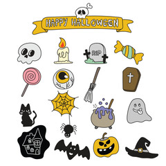 set of items for Halloween illustration vector hand drawn with black lines