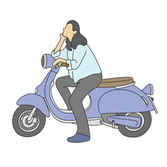 woman sitting on a scooter without helmet illustration vector hand drawn with black lines