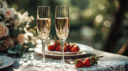 Two champagne glasses with strawberries on a table in a garden