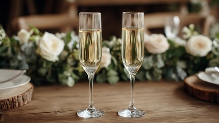Two champagne flutes filled with bubbly wine on a wooden table