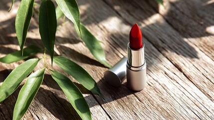 Red lipstick with green leaves on a rustic wooden table top